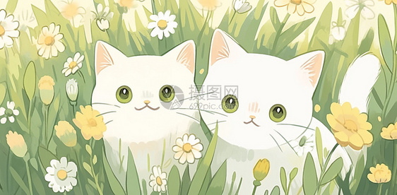 躲在草丛中两只大眼睛可爱的卡通小白猫图片