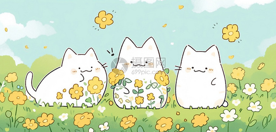 三只在花园中呆萌可爱的卡通小白猫图片