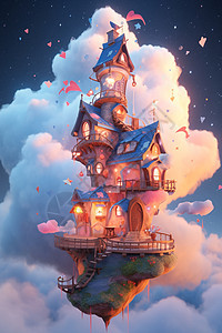 悬浮在云朵中梦幻可爱的多层卡通房子图片