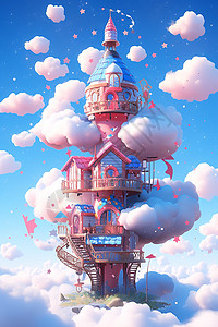 蓝天白云下被云朵围绕的漂亮多层卡通房子图片