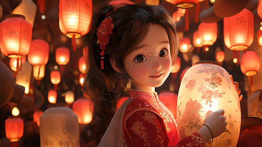 夜晚在喜庆的灯会上抱着灯笼开心笑的可爱卡通小女孩图片