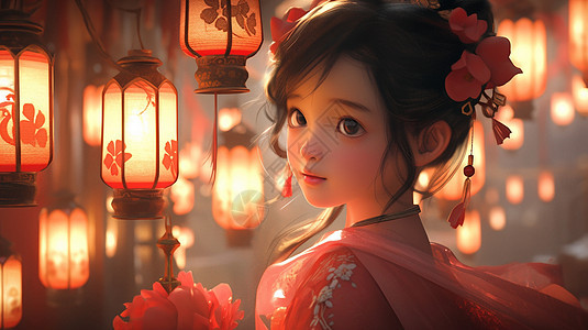 头戴红色花朵夜晚欣赏灯笼的可爱卡通小女孩图片