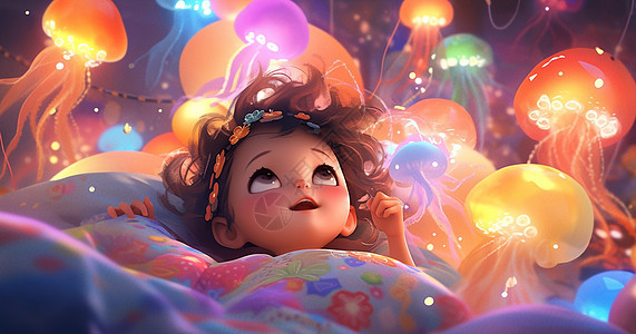 躺在床上看着漫天飞舞的彩色水母的可爱卡通小女孩图片