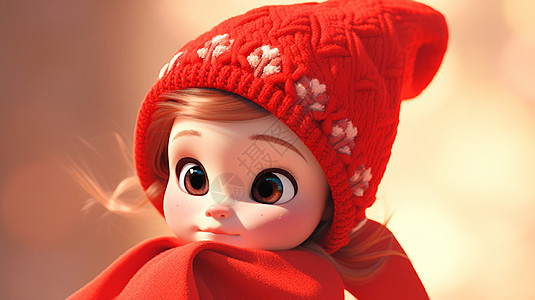 披着红斗篷戴着红色毛线帽的可爱卡通小女孩图片
