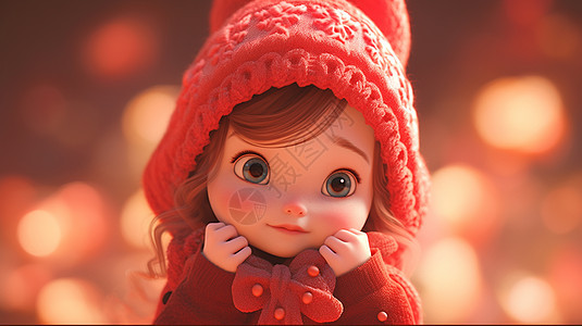 戴着红色毛线帽立体可爱的大眼睛卡通小女孩图片
