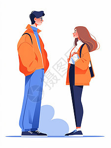 穿着橙色针织外套谈话的卡通男青年女青年图片