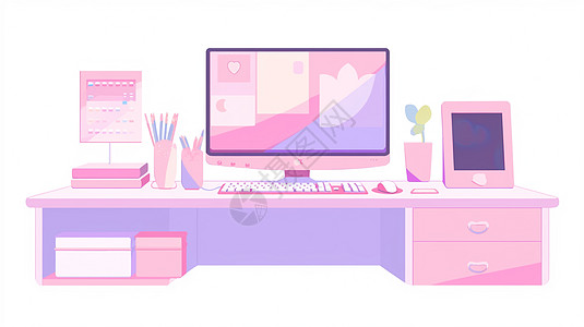粉色调办公桌上放着一个卡通电脑背景图片
