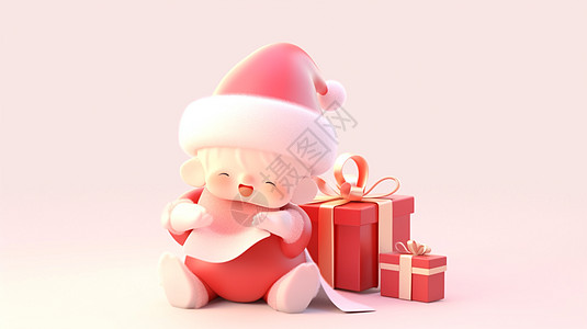 穿着圣诞服装坐在红色礼物旁开心笑的卡通婴儿图片