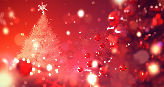 雪中梦幻喜庆红色调卡通圣诞树背景图片