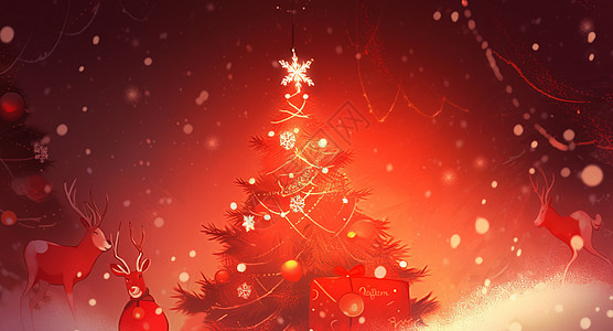 红色调喜庆的卡通圣诞树上顶着白色卡通雪花图片