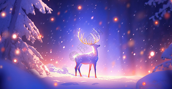 雪中在梦幻森林中有大大鹿角的卡通驯鹿图片