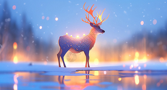 大雪中在河边漂亮梦幻的卡通驯鹿图片