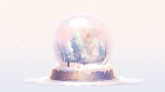大雪中有很多树的梦幻卡通水晶球图片