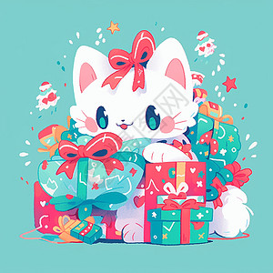 头戴红色蝴蝶结被很多礼物包围的可爱卡通小白猫图片