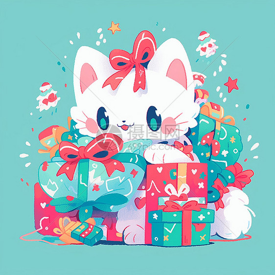 头戴红色蝴蝶结被很多礼物包围的可爱卡通小白猫图片