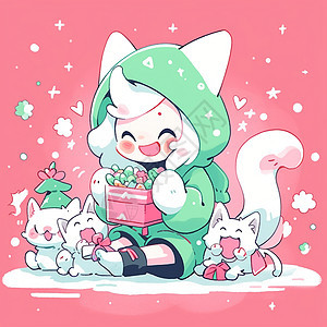 穿着绿色衣服抱着礼物大雪中开心笑的卡通猫女孩背景图片