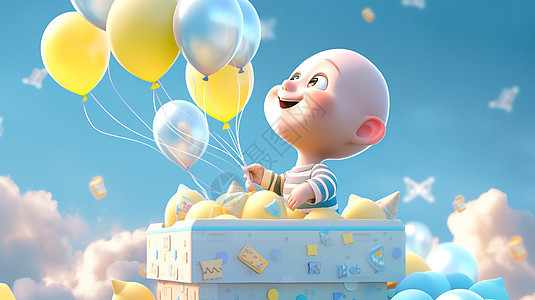 看着很多气球开心笑的卡通男婴图片
