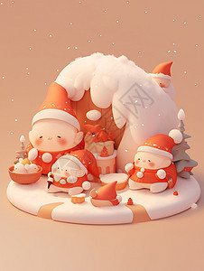 圣诞节雪屋旁多个可爱的卡通圣诞老人图片