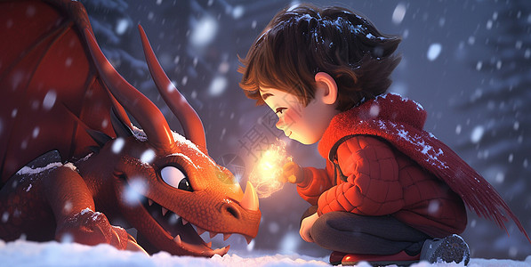 大雪中穿着红色衣服的卡通小男孩与红色一起玩耍高清图片
