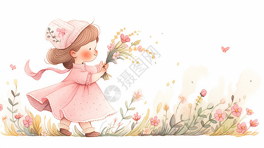 穿粉色裙子的可爱卡通小女孩在户外采花图片
