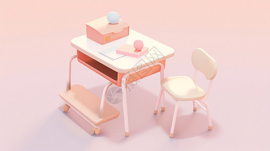 立体桌子粉色背景上立体可爱的卡通小课桌插画