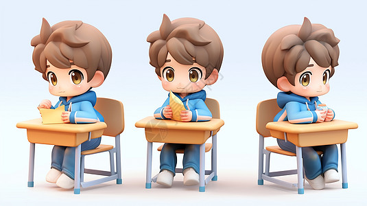 坐在课桌上立体可爱的卡通小男孩背景图片