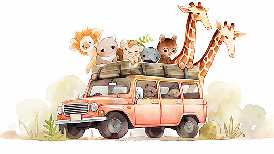 红色汽车上一群可爱的卡通小动物们图片