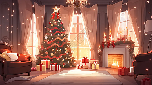 夜晚圣诞树旁摆放着很多礼物的卡通房间背景图片