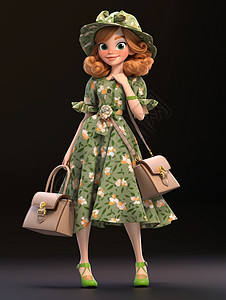 穿着绿色花裙子背着包的时尚卡通小女孩背景图片
