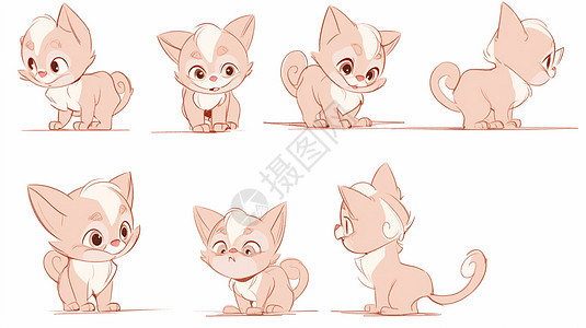 皮粉色可爱的卡通小猫各种动作图片