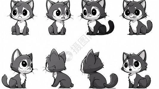 深灰色可爱的大眼睛卡通小猫各种动作与表情图片