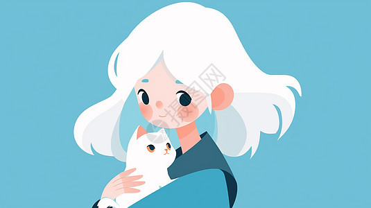 抱着宠物猫的长发小清新卡通女孩图片