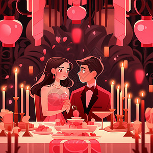 在烛光晚餐上甜蜜对视的卡通情侣图片
