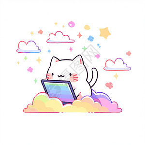 在彩色云朵上努力干工作的可爱卡通小白猫图片