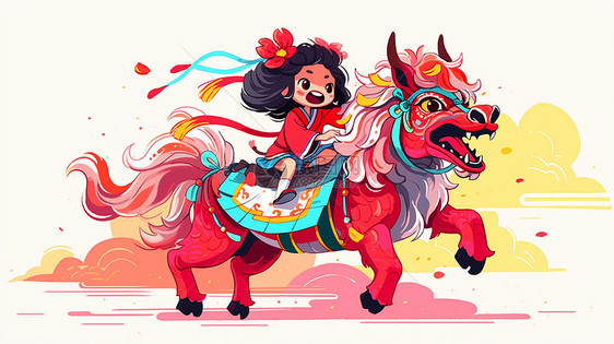 头戴红色花朵骑着瑞兽的可爱卡通小女孩图片