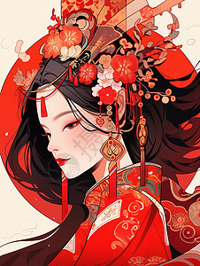 头戴红色花朵古风装喜庆的卡通女人图片