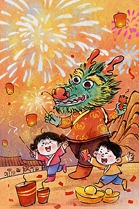 手绘水墨新年春节龙放烟花与儿童可爱治愈系插画高清图片