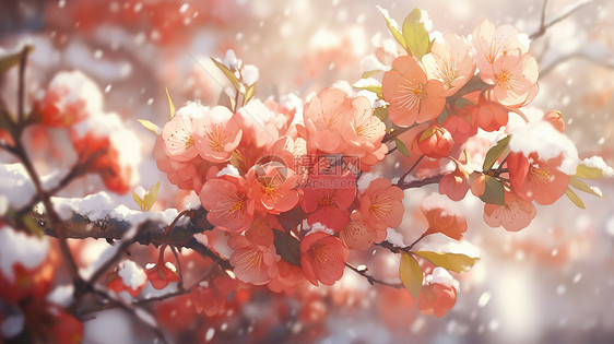 大雪中盛开的粉红色卡通花朵图片