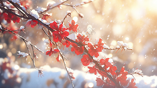 大雪中红色喜庆的卡通梅花图片