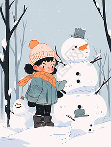 戴粉色毛线帽的卡通小女孩在大雪中堆雪人图片