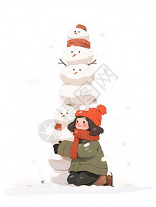 戴红色毛线帽的卡通小女孩在堆高高的雪人图片