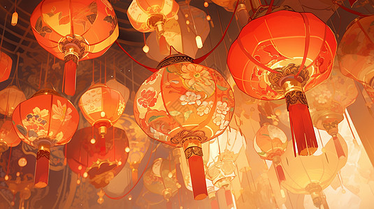 香水元宵节喜庆的古风连廊挂着红灯笼插画