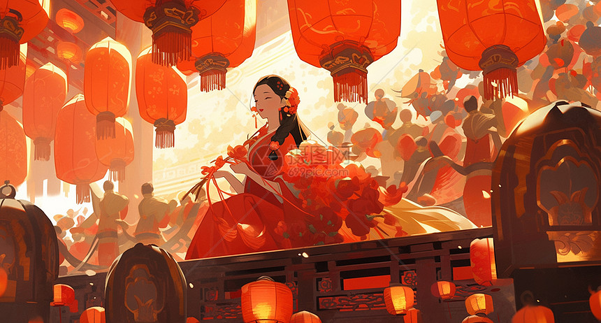 春节穿着红色喜庆卡通古风女孩参加活动图片