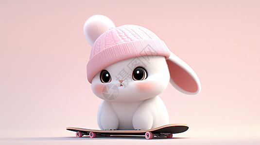玩滑板的可爱立体卡通小白兔戴着粉色毛线帽图片