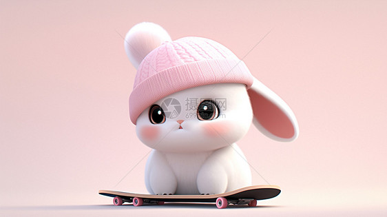 玩滑板的可爱立体卡通小白兔戴着粉色毛线帽图片
