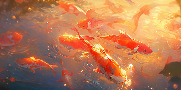 一群红色吉祥的卡通锦鲤在金色阳光下开心游泳图片