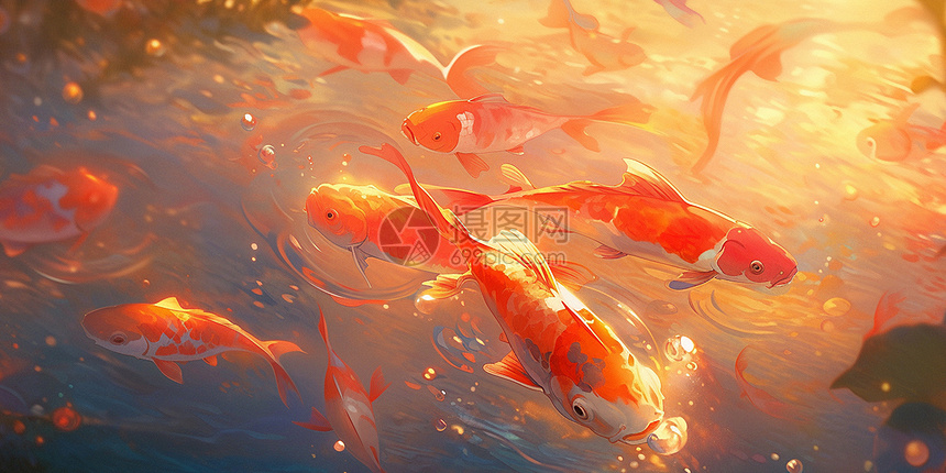 一群红色吉祥的卡通锦鲤在金色阳光下开心游泳图片