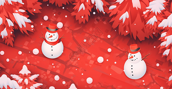 大雪中红色背景上两个开心笑的可爱卡通小雪人图片