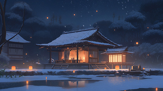 冬天夜晚大雪中亮着灯温馨的卡通古风小房子图片