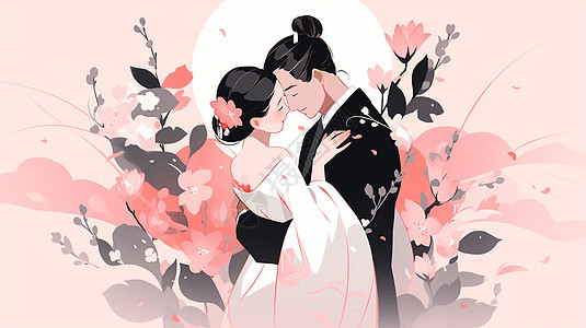 在花丛甜蜜拥抱的卡通情侣图片
